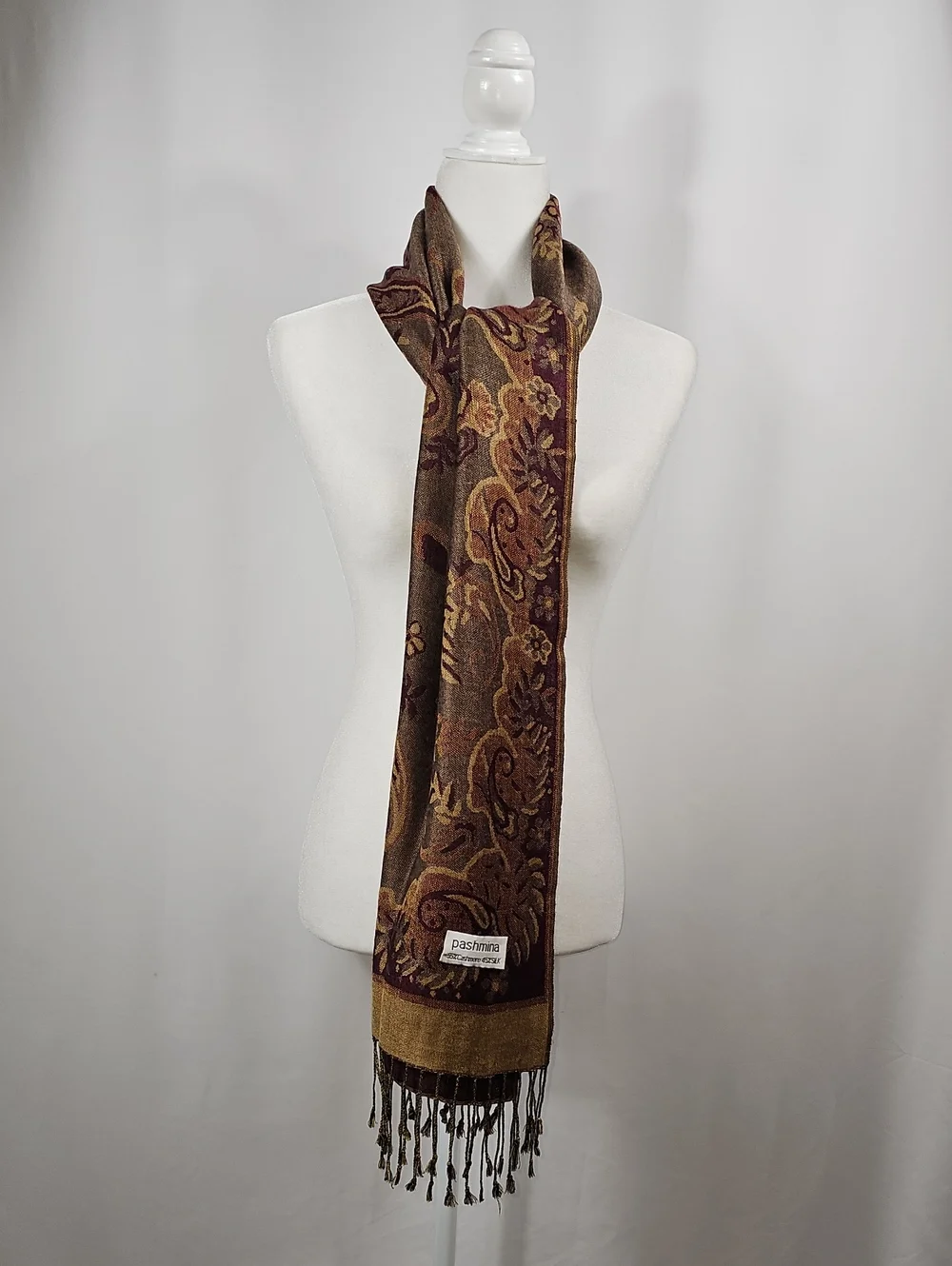 Cashmere Silk Pashmina Scarf Brown Paisley Floral Fringe Wrap Shawl Festival